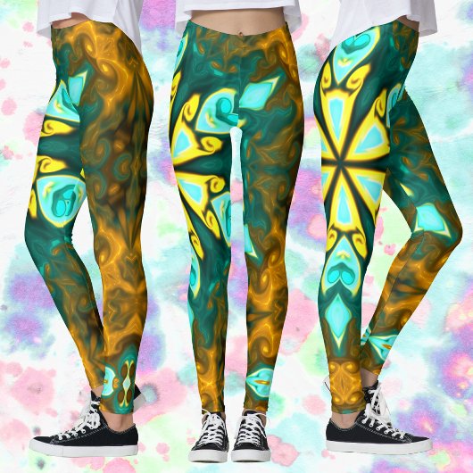 Psychedelic Mandala Flower Blauwgroen en Geel Leggings