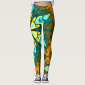 Psychedelic Mandala Flower Blauwgroen en Geel Leggings (Voorkant)