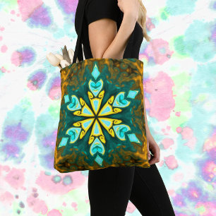 Psychedelic Mandala Flower Blauwgroen en Geel Tote Bag