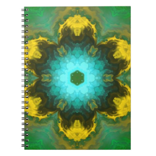 Psychedelic Mandala Flower Blauwgroen Yellow en Gr Notitieboek (Voorkant)