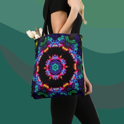 Psychedelic Mandala Flower Blue Green and Yellow Tote Bag