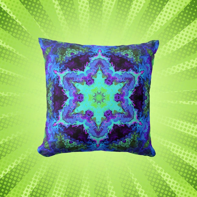 Psychedelic Mandala Flower Blue Green en Paars Kussen (Creator heeft geüpload)