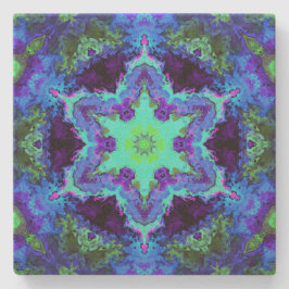Psychedelic Mandala Flower Blue Green en Paars Stenen Onderzetter