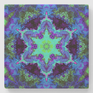 Psychedelic Mandala Flower Blue Green en Paars Stenen Onderzetter