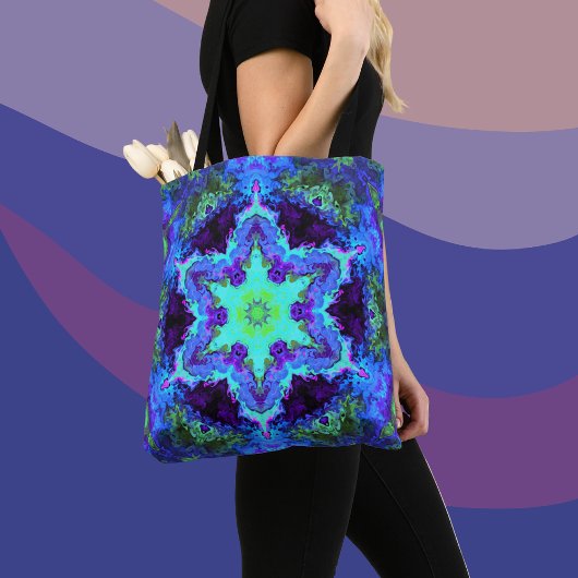 Psychedelic Mandala Flower Blue Green en Paars Tote Bag