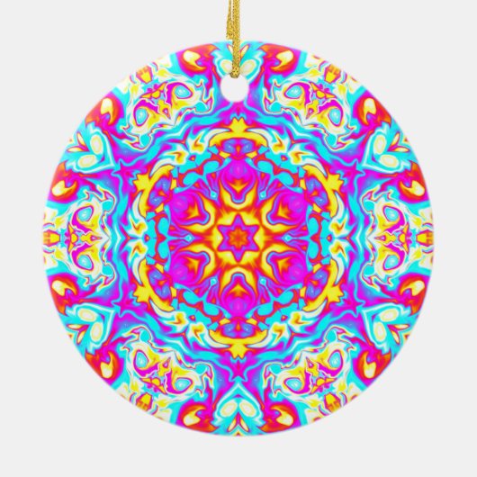 Psychedelic Mandala Flower Blue Pink and Yellow Keramisch Ornament (Achterkant)
