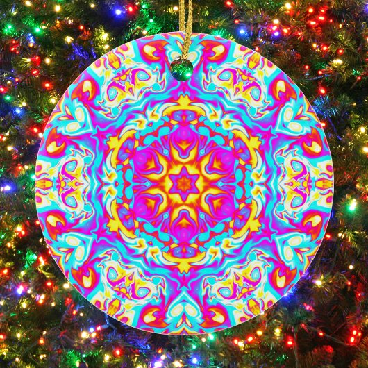 Psychedelic Mandala Flower Blue Pink and Yellow Keramisch Ornament