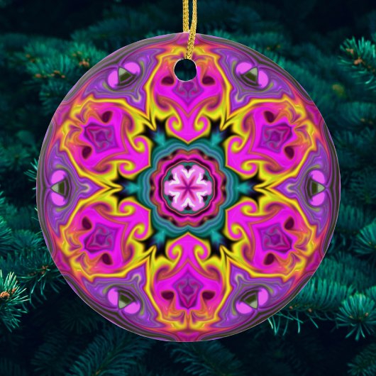 Psychedelic Mandala Flower Blue Pink and Yellow Keramisch Ornament