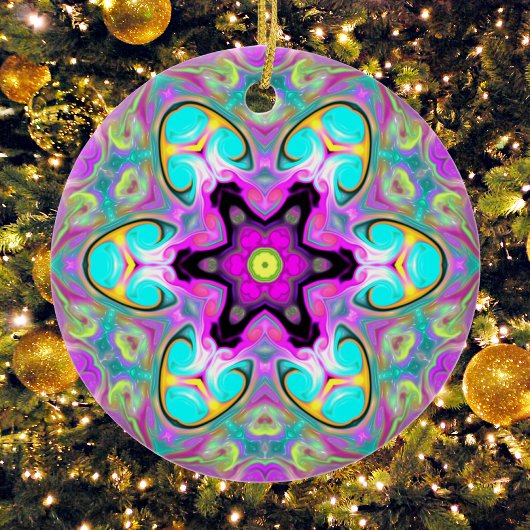 Psychedelic Mandala Flower Blue Pink and Yellow Keramisch Ornament
