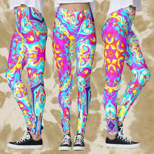 Psychedelic Mandala Flower Blue Pink and Yellow Leggings