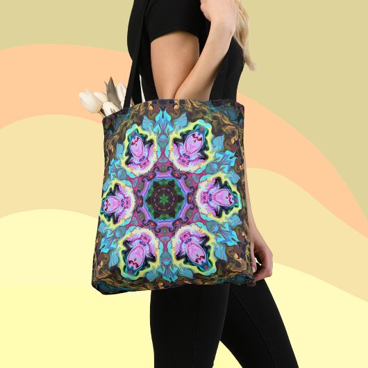 Psychedelic Mandala Flower Blue Yellow and Pink Tote Bag