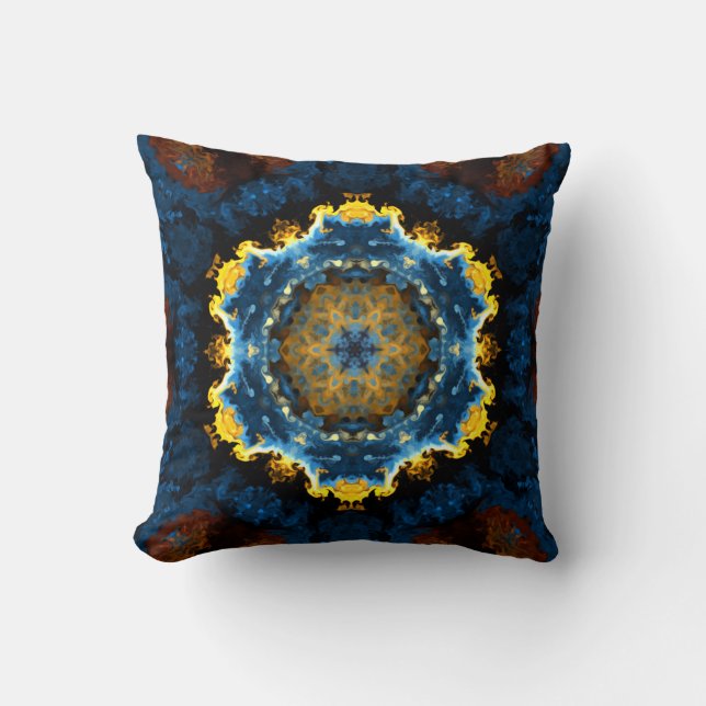 Psychedelic Mandala Flower Blue Yellow en Oranje Kussen (Voorkant)