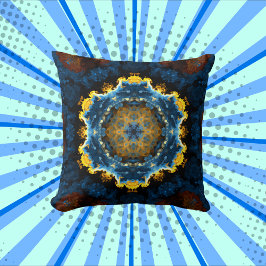 Psychedelic Mandala Flower Blue Yellow en Oranje Kussen