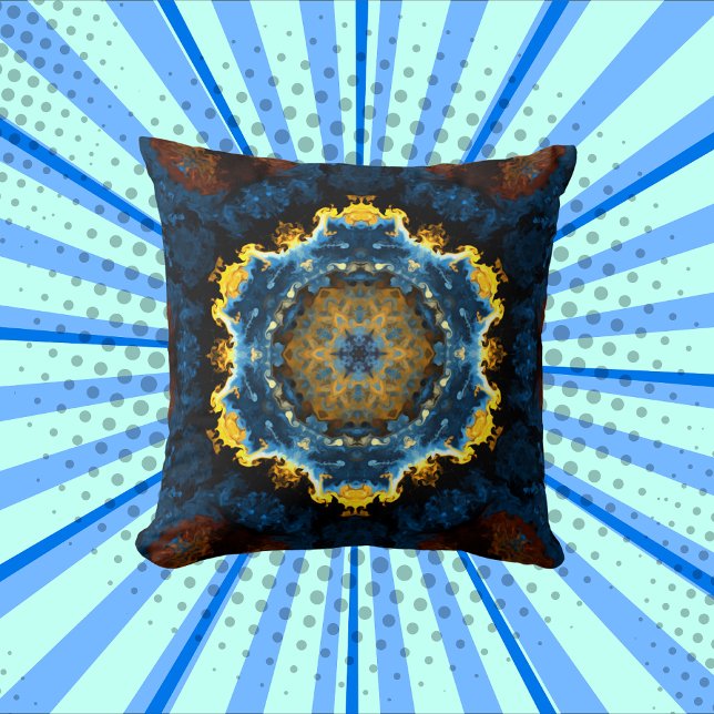 Psychedelic Mandala Flower Blue Yellow en Oranje Kussen (Creator heeft geüpload)
