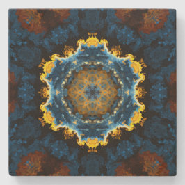 Psychedelic Mandala Flower Blue Yellow en Oranje Stenen Onderzetter