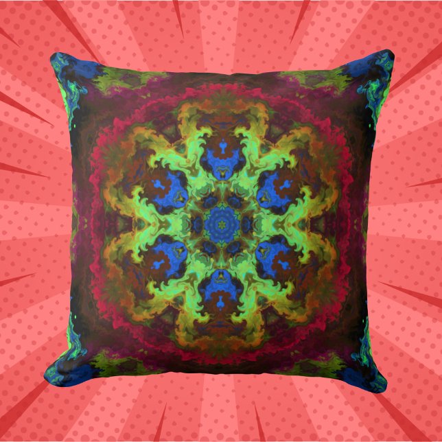 Psychedelic Mandala Flower Green Blue en Red Kussen (Creator heeft geüpload)
