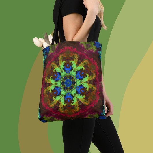 Psychedelic Mandala Flower Green Blue en Red Tote Bag