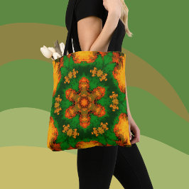 Psychedelic Mandala Flower Green Oranje and Yellow Tote Bag