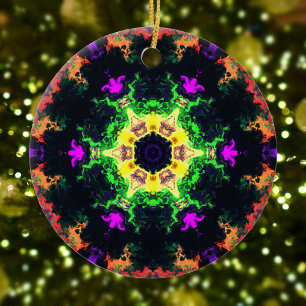 Psychedelic Mandala Flower Green Paars and Yellow Keramisch Ornament