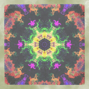 Psychedelic Mandala Flower Green Paars and Yellow Stenen Onderzetter