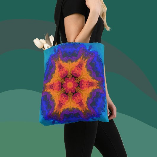 Psychedelic Mandala Flower Oranje Red en Blue Tote Bag