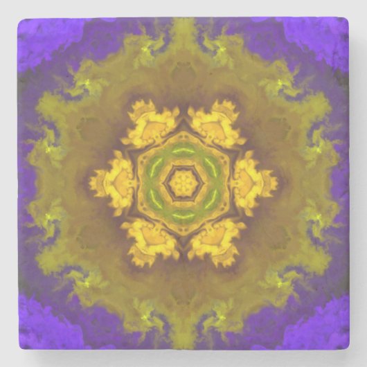 Psychedelic Mandala Flower Paars and Yellow Stenen Onderzetter (Voorkant)