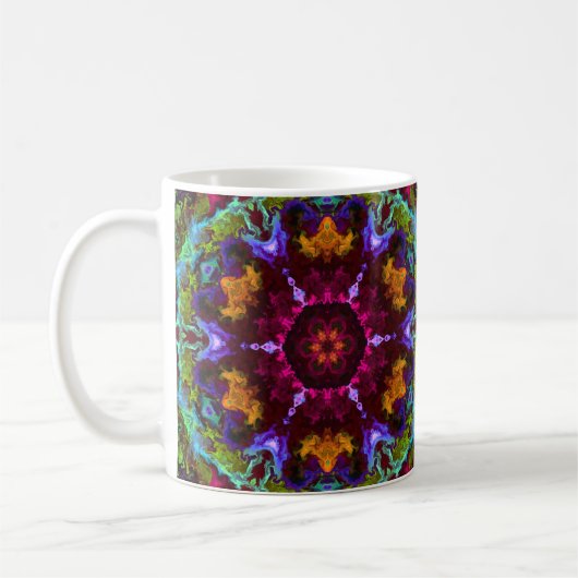 Psychedelic Mandala Flower Paars Oranje and Green Koffiemok (Links)