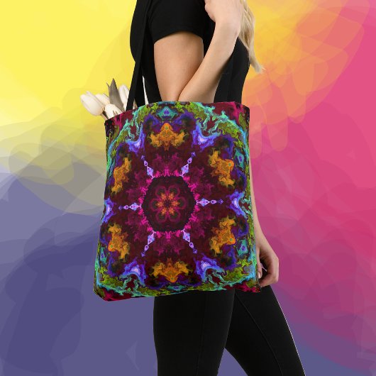 Psychedelic Mandala Flower Paars Oranje and Green Tote Bag