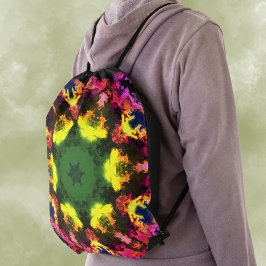 Psychedelic Mandala Flower Pink Yellow en Green Trekkoord Rugzakje