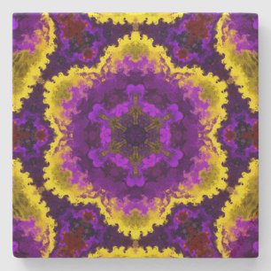 Psychedelic Mandala Flower Yellow en Paars Stenen Onderzetter