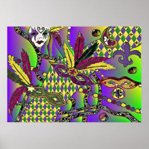 Psychedelic Mardi Gras Afdrukmaskers Poster
