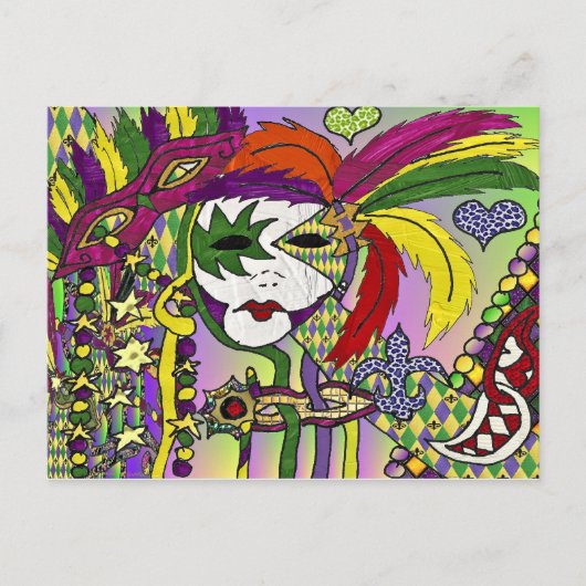 Psychedelic Mardi Gras Feather Mask Briefkaart (Voorkant)