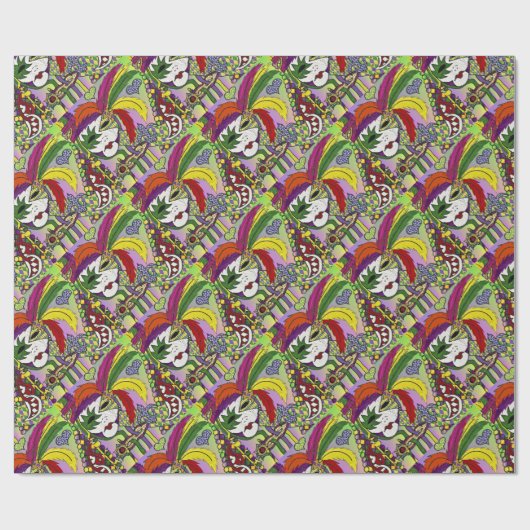 Psychedelic Mardi Gras Feather Mask Cadeaupapier (Vlak)