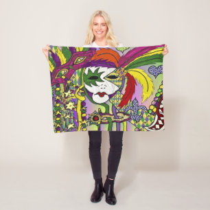 Psychedelic Mardi Gras Feather Mask Fleece Deken