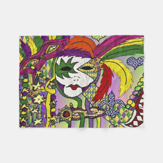Psychedelic Mardi Gras Feather Mask Fleece Deken (Voorkant (Horizontaal))
