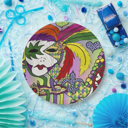 Psychedelic Mardi Gras Feather Mask Papieren Bordje (Feest)