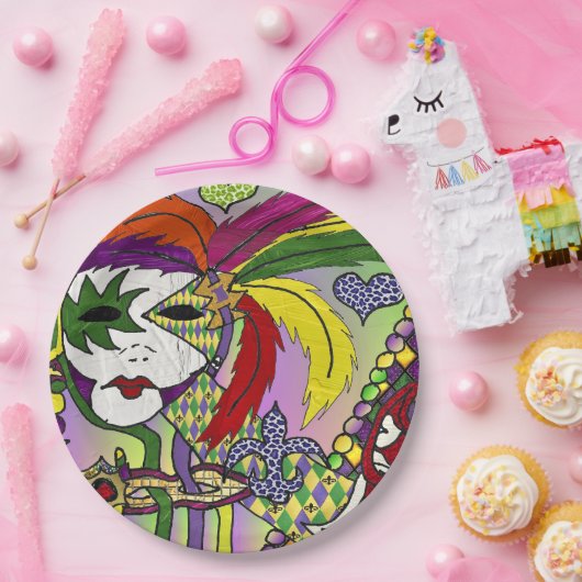 Psychedelic Mardi Gras Feather Mask Papieren Bordje (Feest)