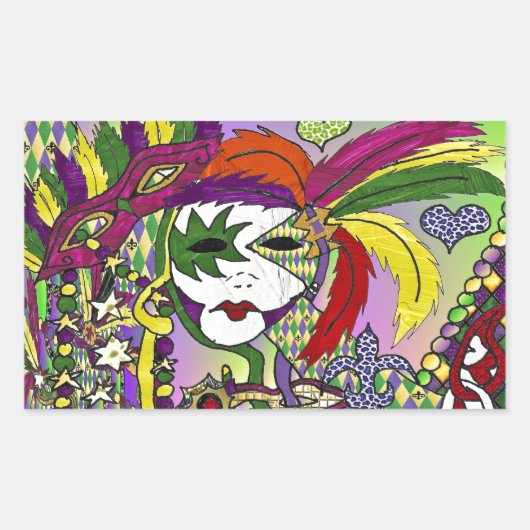 Psychedelic Mardi Gras Feather Mask Rechthoekige Sticker (Voorkant)