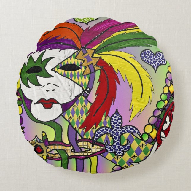 Psychedelic Mardi Gras Feather Mask Rond Kussen (Voorkant)
