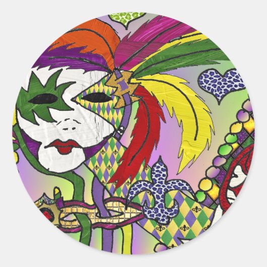 Psychedelic Mardi Gras Feather Mask Ronde Sticker (Voorkant)