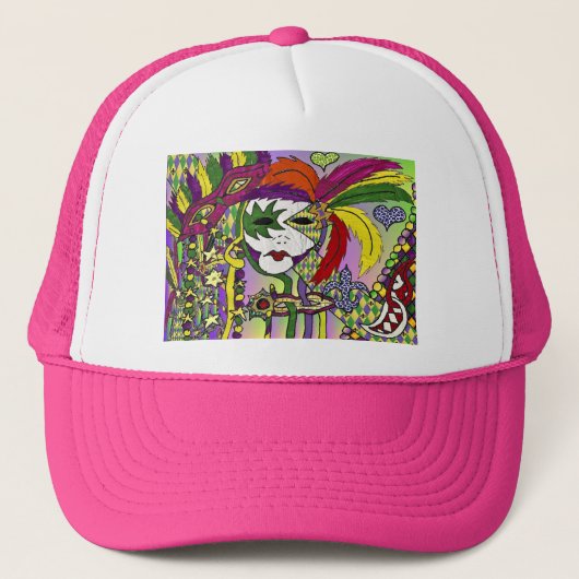 Psychedelic Mardi Gras Feather Mask Trucker Pet (Voorkant)