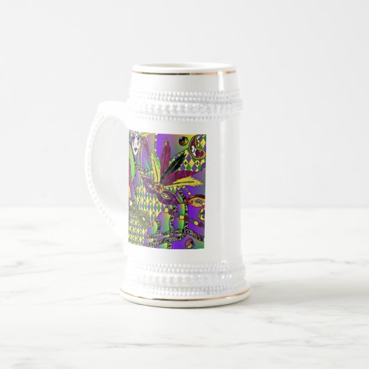 Psychedelic Mardi Gras Feathermaskers Beer Stein Bierpul (Voorkant links)