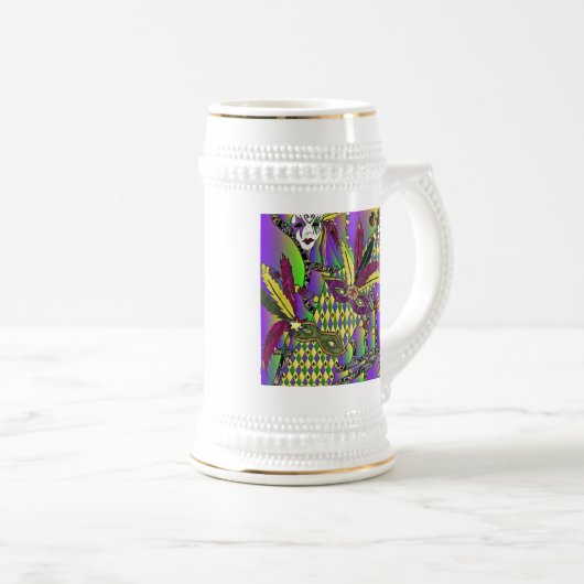 Psychedelic Mardi Gras Feathermaskers Beer Stein Bierpul (Voorkant rechts)
