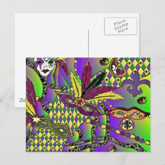 Psychedelic Mardi Gras Feathermaskers Briefkaart (Voorkant / Achterkant)