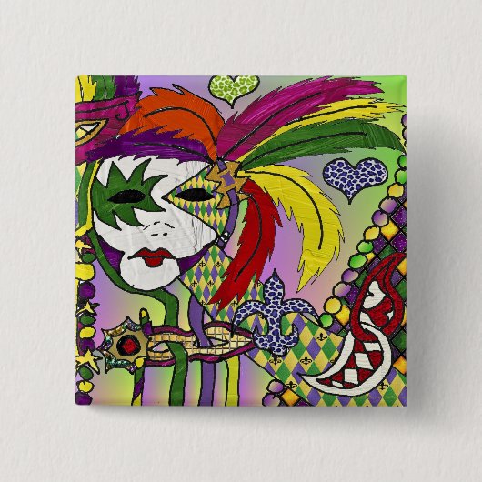 Psychedelic Mardi Gras Feathermaskers Gifts Appare Vierkante Button 5,1 Cm (Voorkant)