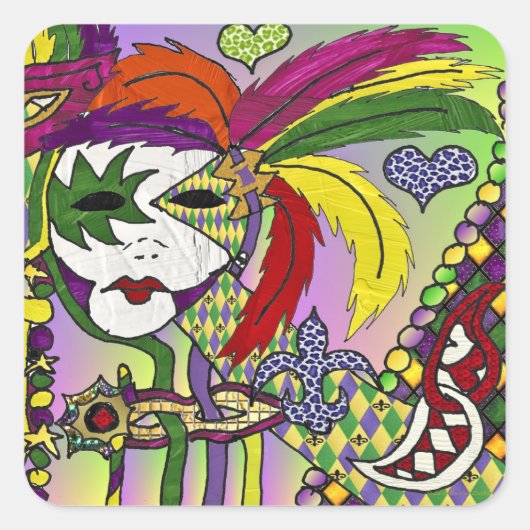 Psychedelic Mardi Gras Feathermaskers Gifts Appare Vierkante Sticker (Voorkant)