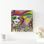 Psychedelic Mardi Gras Feathermaskers II-klok Vierkante Klok (Huis)