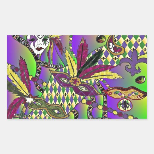 Psychedelic Mardi Gras Feathermaskers Rechthoekige Sticker (Voorkant)