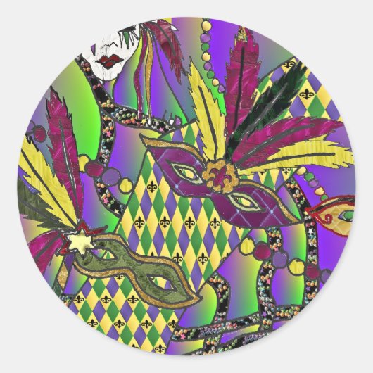 Psychedelic Mardi Gras Feathermaskers Ronde Sticker (Voorkant)