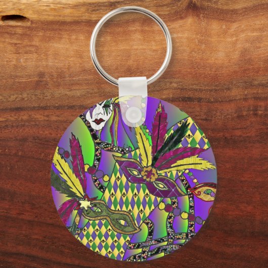 Psychedelic Mardi Gras Feathermaskers Sleutelhanger (Voorkant)